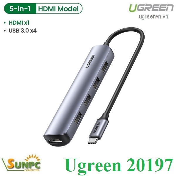 Thiết bị mở rộng USB Type C to HDMI 4K@30Hz kèm Hub 4 cổng USB 3.0 Ugreen 20197 cao cấp