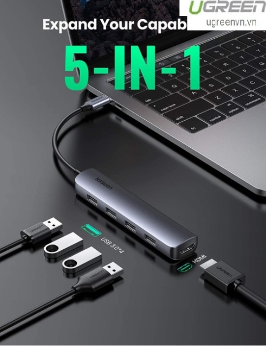 Thiết bị mở rộng USB Type C to HDMI 4K@30Hz kèm Hub 4 cổng USB 3.0 Ugreen 20197 cao cấp