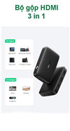 Thiết bị chuyển mạch HDMI 3 vào 1 ra hỗ trợ 4K@30Hz 3D 1080p Ugreen 80125 (Có remote)