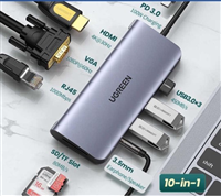 Bộ chuyển đổi USB C to HDMI + VGA + LAN 1Gbps + Hub USB3.0 + SD/TF + Audio Ugreen 80133 cao cấp