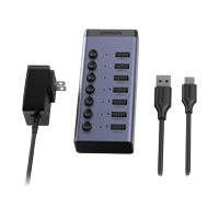 Bộ HUB chia 7 cổng USB 3.0 tốc độ 5Gbps vỏ nhôm, công tắc Ugreen 90307 (kèm nguồn 12V2A-EU) cao cấp