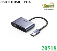 Cáp chuyển đổi USB 3.0 sang HDMI + VGA 1080P/60Hz Ugreen 20518 cao cấp