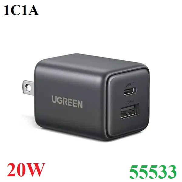 Củ sạc nhanh GaN Nexode Mini 20W 1C1A Ugreen 55533/X514 cao cấp (US Plug)
