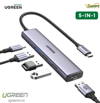 Hub USB Type-C 5 trong 1 ra HDMI 4K@30Hz, USB 2.0, USB 3.0, Sạc PD 100W Ugreen 15495 cao cấp