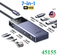 Hub USB Type-C Robogan 7 trong 1 ra HDMI 4K@60hz, USB, Lan 1Gbps, Sạc PD 100W Ugreen 45155 cao cấp